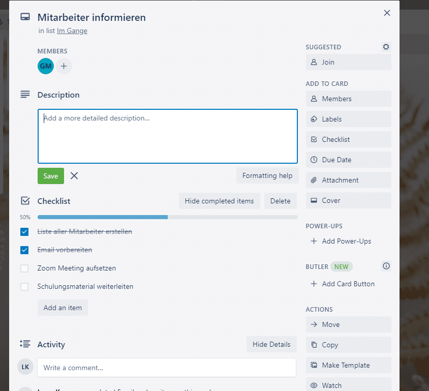Pflege Trello Aufgabe Übersicht