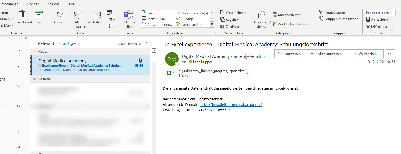 Übersicht gesamte Fortbildungsdauer Pflegekräfte - Email